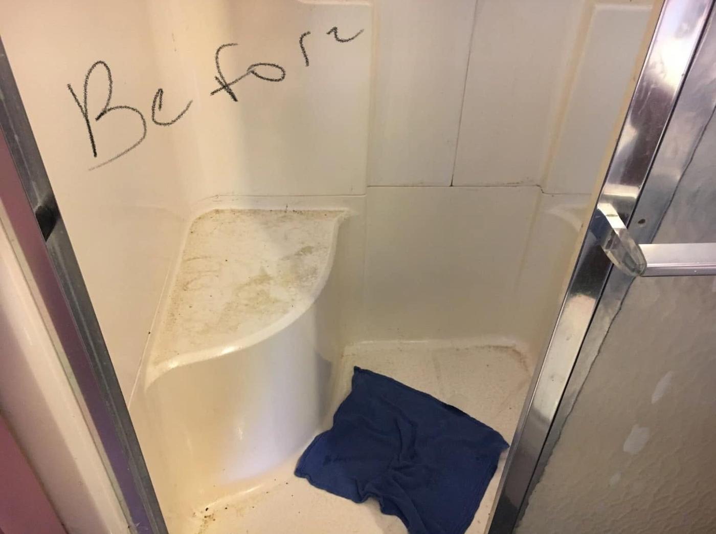 Corner shower stall, before we cleaned it